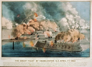 The great fight at Charleston S.C. April, 7th 1863: between 9 United States "Iron-Clads," under the command of Admiral Dupont; and Forts Sumter, Moultrie, and the Cummings Point Batteries in possession of the rebels ( New York : Published by Currier & Ives, c1863; LOC: LC-DIG-ppmsca-31065)