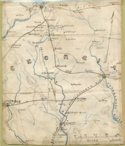 Shows railroad lines emanating south and east of Atlanta going toward Macon and Columbus, Ga., with a notation "125 miles from Atlanta to Andersonville [Prison]." by Robert Knox Sneden