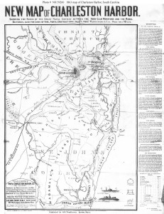 "New Map of Charleston Harbor" "Showing the Scene of the Great Naval Contest between the Iron Clad Monitors and the Rebel Batteries, also the Lines of Fire, Forts, Obstructions, Princ'l. Plantations, & E.t.c."  Lithograph by J. Mayer & Co., published in 1863 by G.W. Tomlinson, Boston, Massachusetts (U.S. Naval Historical Center Photograph.)