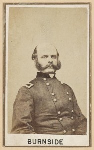 Brig. Gen. Ambrose E. Burnside, head-and-shoulders portrait, head three-quarters to the right, facing front, wearing military uniform (between 1861 and 1865; LOC: LC-DIG-ppmsca-35464)