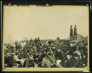 Union soldiers entrenched along the west bank of the Rappahannock River at Fredericksburg, Virginia (by Andrew J. Russell, photographed between April 29 and May 2, 1863, printed later; LOC: LC-USZC6-48 )