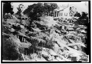 Historic American Buildings Survey Lester Jones, Photographer. Copy of an old photograph taken during the siege of Vicksburg, 1863 VIEW FROM SOUTHEAST - Wexford Lodge, Vicksburg, Warren County, MS (1863 photo reproduced;HABS MISS,75-VICK.V,3--2)