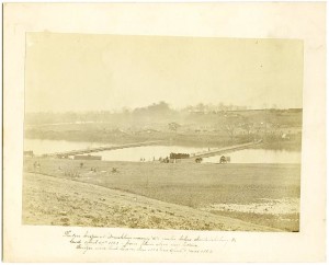 Ponton [i.e. pontoon] bridges at "Franklins crossing" 2-1/2 miles below Fredericksburg, Va., laid April 29th 1863 - from plain above river bottom Bridges were laid here in Decr. 1862 & in April & June 1862 [i.e. 1863]. (by Andrew J. Russell, 1863 May 2; LOC: LC-DIG-ppmsca-31500)