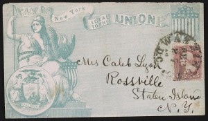 Civil War envelope showing Columbia, eagle, shield, state seal of New York, and banner with message "New York loyal to the Union" (between 1861 and 1865; LOC:  LC-DIG-ppmsca-34646)