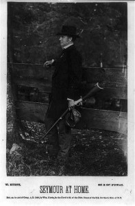 Horatio Seymour, 1810-1886 "Seymour at home", full length portrait, standing, left profile, carrying rifle, American politician (1868; LOC: LC-USZ62-53047)