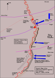 Sketch map of the eastern side of the fortifications of Port Hudson Louisiana depicting the 2 PM infantry assault of May 27, 1863.