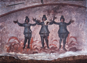 The symbolic story of tribulation and redemption is represented in this early Christian painting of the biblical story of "The Three Hebrews in the Fiery Furnace". From the Catacombs of Priscilla, Rome, Italy. Late 3rd century / Early 4th century.