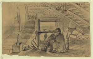 Signal officers, in attic of farm house, watching the army of General Lee near Williamsport, Maryland (by Edwin Forbes,  1863 July 12; LOC: LC-DIG-ppmsca-20555)