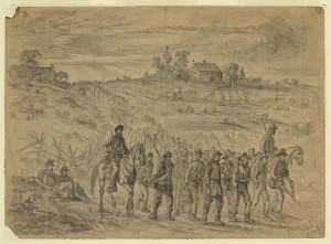 The battle of Gettysburg--Prisoners belonging to Gen. Longstreet's Corps captured by Union troops, marching to the rear under guard (by Edwin Forbes,  [18]63 July 3; LOC: LC-DIG-ppmsca-20557)
