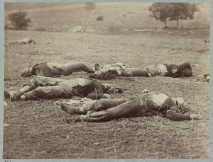 Battlefield of Gettysburg. Bodies of dead Federal soldiers on the field of the first day's battle (by Timothy H. O'Sullivan, photographed 1863 July, printed between 1880 and 1889; LOC: LC-DIG-ppmsca-32922)