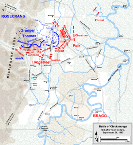 Map of Battle of Chickamauga of the American Civil War, actions on September 20, 1863, part 3. Drawn in Adobe Illustrator CS5 by Hal Jespersen