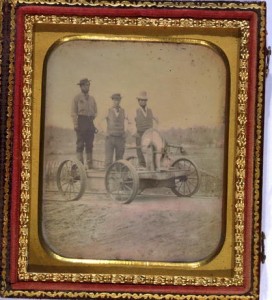 Occupational portrait of three railroad workers standing on crank handcar (between 1850 and 1860; LOC:  LC-USZC4-3944)