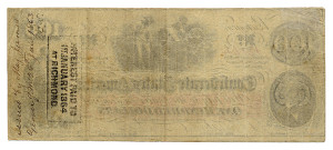 Back of a One Hundred Dollar Confederate States of America banknote dated December 22, 1862. Issued during the American Civil War (1861–1865).