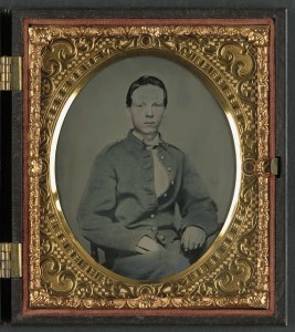 Private Alexander T. Harris of Richmond "Parker" Virginia Light Artillery Battery in Richmond Depot jacket (by Charles R. Rees, 1862; LOC:  LC-DIG-ppmsca-37265)