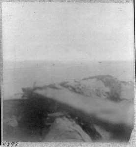 [View from parapet of Fort Sumter, Sept. 8, 1863, showing Federal ironclads WEEHAWKEN, MONTAUK, and PASSAIC; taken by a Confederate photographer] (by George S. Cook, 1863, printed later; LOC:  LC-USZ62-49549)