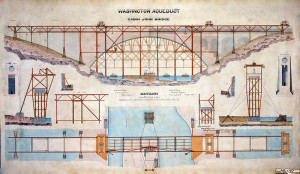 WATERCOLOR RENDERING OF CABIN JOHN BRIDGE SCAFFOLDING. CAPTAIN M.C. MEIGS, CHIEF ENGINEER; ALFRED RIVES, ASSISTANT ENGINEER, DELINEATOR. NOVEMBER 30, 1859 - Cabin John Aqueduct Bridge, MacArthur Boulevard, spanning Cabin John Creek at Parkway, Cabin John, Montgomery County, MD (1859; LOC: HAER MD,16-CABJO,1--12 (CT))