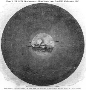 USS Weehawken (1863-1863)  Line engraving published in "The Soldier in Our Civil War", Volume II, page 173, depicting the"Bombardment of Fort Sumter, as seen from the Lookout of the Turret" of USS Weehawken. This may represent the 7 April 1863 attack on Fort Sumter.(http://www.history.navy.mil/photos/sh-usn/usnsh-w/wehwkn-k.htm)