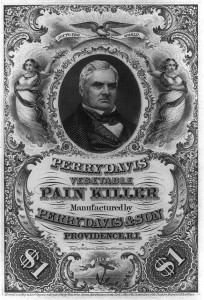 Perry Davis, bust, facing right, on advertisement for Perry Davis' vegetable pain killer (c1854; LOC:  LC-USZ62-50164)