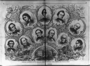 Prominent candidates for the Democratic nomination at Charleston, S.C. [Composite of bust portraits of Stephens, Orr, Davis, Guthrie, Slidell, Pierce, J. Lane, Hunter, Breckenridge, Douglas, and Houston] (1860; LOC:  LC-USZ62-79475)