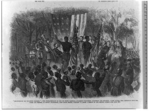 "Emancipation Day in South Carolina" - the Color-Sergeant of the 1st South Carolina (Colored) addressing the regiment, after having been presented with the Stars and Stripes, at Smith's plantation, Port Royal, January 1 (1863;LOC: LC-USZ62-88808)
