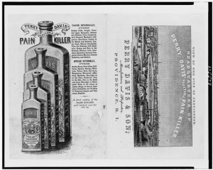 Patent medicine labels for Perry Davis & Son, showing view of Providence, R.I., and four patent medicine bottles (c1860; LOC: LC-USZ62-105504)