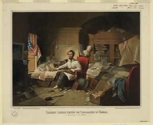 President Lincoln, writing the Proclamation of Freedom. January 1st, 1863 (by David Gilmour Blythe, 1863; LOC: LC-DIG-ppmsca-18444)