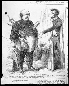 Uncle Abe--"Hello! Ben, is that you? Glad to see you!" Butler--"Yes, Uncle Abe. Got through with that New Orleans job. Cleaned them out and scrubbed them up! Any more scrubbing to give out?" (by John McLenan, Harper's Weekly, 1-17-1863; LOC: LC-USZ62-138378 )