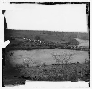 Germanna Ford, Rapidan River, Virginia. Grant's troops crossing Germannia Ford (by Timpthy H. O'Sillivan, 5-4-1864; LOC: LC-DIG-cwpb-01175)