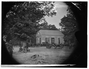 Massaponax Church, Va. View of the church, temporary headquarters of Gen. Ulysses S. Grant, surrounded by soldiers (by Timothy H. O'Sullivan, 1864 May 21; LOC:  LC-DIG-cwpb-01190)