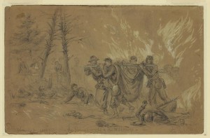 Wounded escaping from the burning woods of the Wilderness (by Alfred R. Waud, 1864 May 5-7; LOC: LC-DIG-ppmsca-21457)