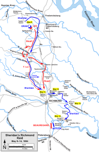 Map of Maj. Gen. Philip Sheridan's cavalry raid to Yellow Tavern and Richmond during the Overland Campaign of the American Civil War, drawn in Adobe Illustrator CS5 by Hal Jespersen.