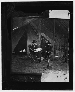 General Grant, Lt. Col. Bowers, and General Rawlins at Grant's headquarters, Cold Harbor (1864 June 11 or 12; LOC: LC-DIG-cwpb-03540)