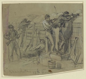 Sharpshooters 18th Corps (by Alfred Waud, July 1864; LOC: LC-DIG-ppmsca-21251)