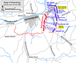 Map of the Siege of Petersburg of the American Civil War, assaults on June 15-16