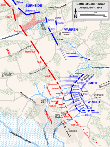 Map of the Battle of Cold Harbor of the American Civil War, drawn in Adobe Illustrator CS5 by Hal Jespersen. Graphic source file is available at http://www.posix.com/CWmaps/