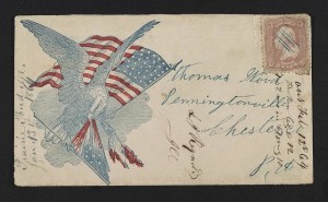 Civil War envelope showing eagle with American flag attacking 7-star Confederate flag (between 1861 and 1864; LOC: LC-DIG-ppmsca-31730)