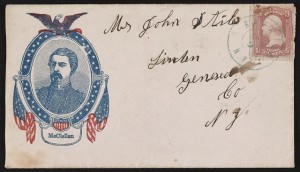 [Civil War envelope showing portrait of Major General George B. McClellan inset in medallion decorated with eagle and American flags] (between 1861 and 1865; LOC: LC-DIG-ppmsca-34635)