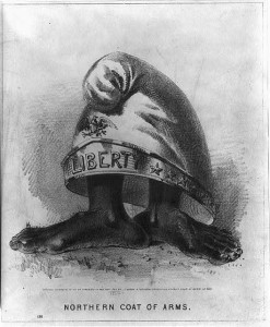 Northern coat of arms (Entered . . . 1864 by J.E. Cutler in the District Court of . . . Mass. Probably drawn by Joseph E. Baker, Boston; LOC: LC-USZ62-19673)