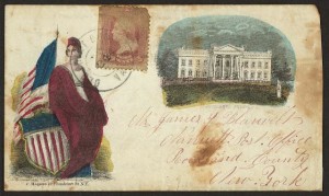 Civil War envelope showing Columbia with shield and American flag and White House (N.Y. : C. Magnus, 12 Frankfort St. ; 1862 June 22; LOC:  LC-DIG-ppmsca-26466)