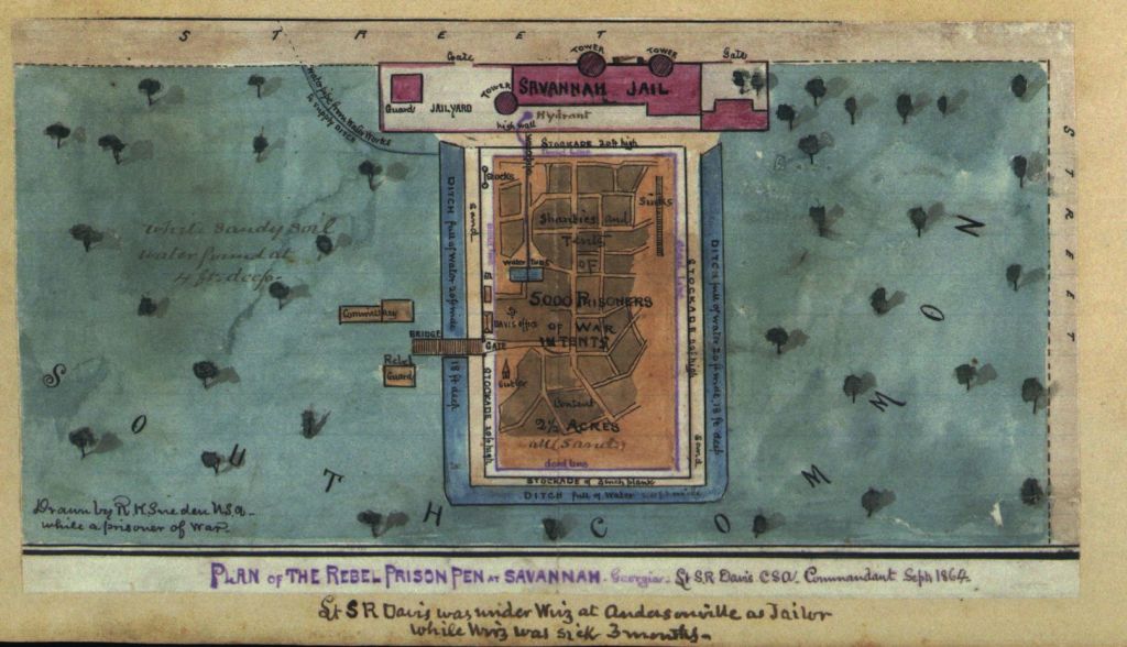 Savannah prison pen (by Robert Knox Sneden, 1864; LOC: http://www.loc.gov/item/gvhs01.vhs00304/)