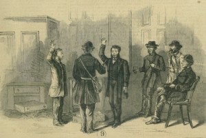 Stalbansraid (A woodcut illustration of the St. Albans Raid in St. Albans, Vermont, United States. At the bank, the raiders forced those present to take an oath of loyalty to “the Constitution of the Confederate States of America.”)