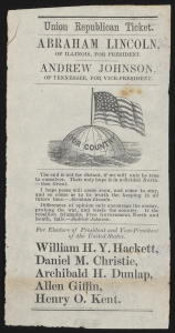 Union Republican ticket. Abraham Lincoln, of Illinois, for President. Andrew Johnson, of Tennessee, for Vice-President. [Campaign ticket]  (1864; LOC: http://www.loc.gov/item/scsm000731/)