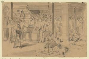 Serving out rations (coffee, bread & meat) to the exchanged prisoners on board the New York (by William Waud, Harper's Weekly 12-10-1864; LOC: LC-DIG-ppmsca-21716)