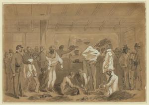 Returned prisoners of war exchanging their rags for new clothing on board Flag of Truce boat New York (by William Waud, Harper's Weekly 1-14-1865; LOC: LC-DIG-ppmsca-21722)