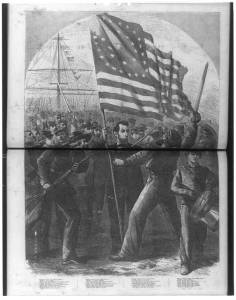 Group of Union soldiers with Abraham Lincoln holding U.S. flag in foreground; four verses of Rally Round the Flag below image (Harper's Weekly, 1864 Oct. 1, pp. 632-633; LOC:  LC-USZ6-1544)