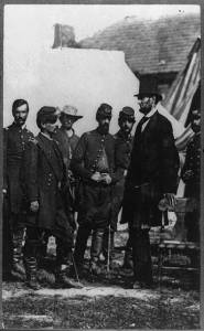 Abraham Lincoln on battlefield at Antietam, Maryland, cropped version that highlights McLellan and Lincoln (by Alexander Gardner, 1862 October 3, printed later; LOC:  LC-USZ62-2276 )