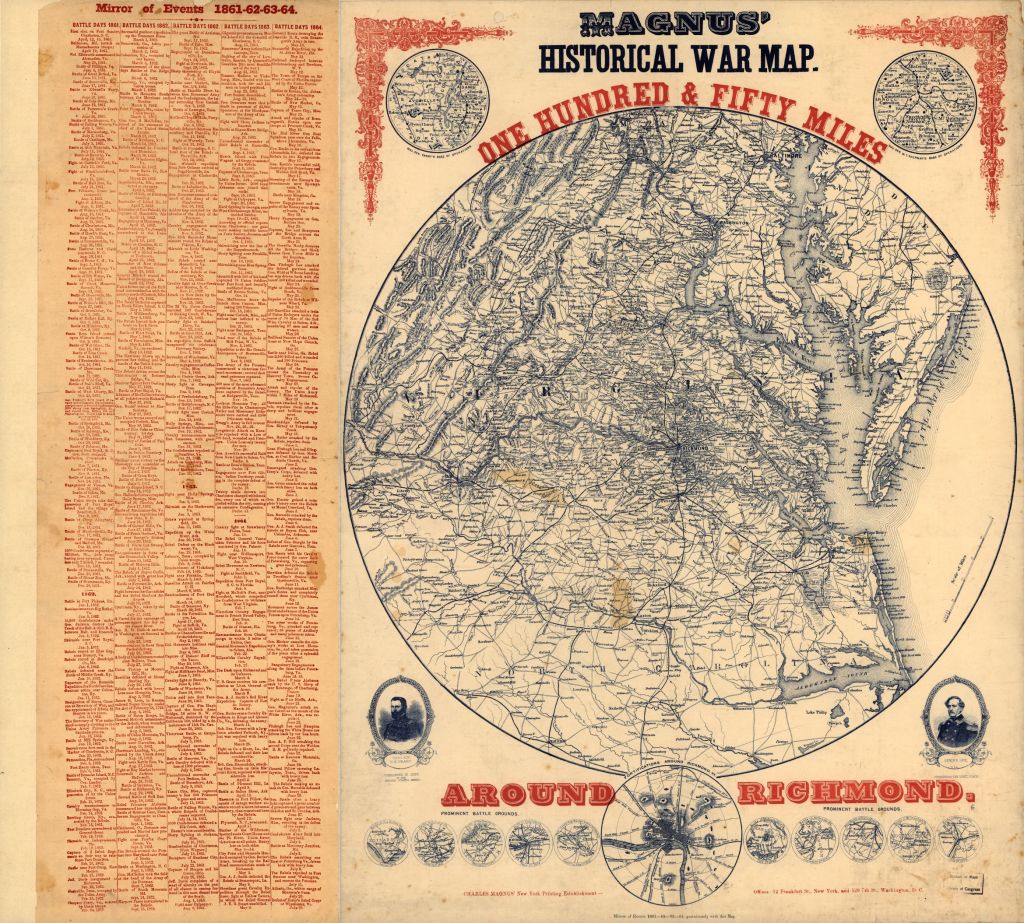 agnus' historical war map. One hundred & fifty miles around Richmond.  (New York, Washington, Charles Magnus, [1864] ; LOC: http://www.loc.gov/item/99446360/)