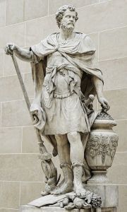 Hannibal Barca counting the rings of the Roman knights killed at the Battle of Cannae (216 BC). Marble, 1704. (by Sébastien Slodtz at Musée du Louvre)