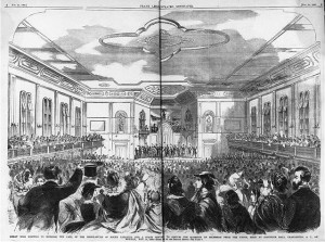 Great mass meeting to endorse the call of the Legislature of South Carolina for a state convention to discuss the question of secession from the Union, held at Institute Hall, Charleston, S.C., on Monday, Nov. 12, 1860 (Illus. in: Frank Leslie's illustrated newspaper, vol. 11, no. 261 (1860 Nov. 24), pp. 8-9; LOC: LC-USZ62-62193)