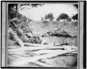 Scene of Ewell's attack, May 19, 1864, near Spottsylvania [i.e. Spotsylvania] Court House. Dead Confederate soldiers ([photographed 1864 May 19, printed later; LOC:  LC-USZ62-104043)